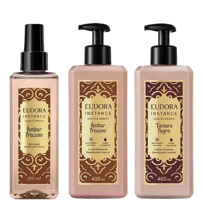 Três produtos Eudora Instance: Body Splash Âmbar Precioso (200ml) com spray, e dois cremes hidratantes desodorantes corporais Âmbar Precioso e Tâmara Negra (400ml cada) com bomba.
