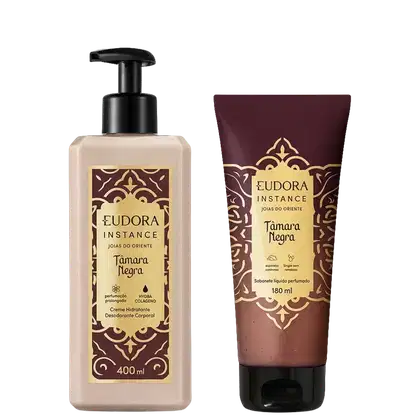 Dois produtos Eudora Instance Tâmara Negra: creme hidratante desodorante corporal 400ml em frasco bege com bomba preta, e sabonete líquido perfumado 180ml em tubo marrom. Ambos com rótulos dourados e marrom-escuro.