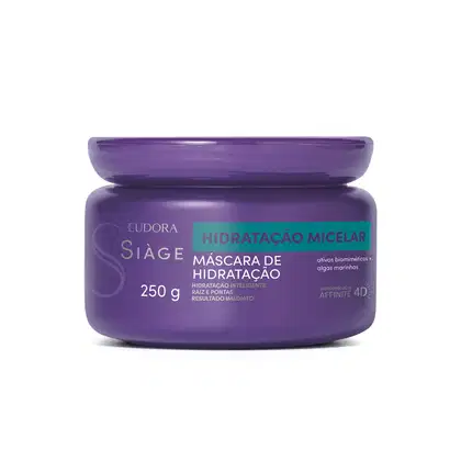 Máscara de hidratação micelar da linha Siàge em embalagem plástica roxa, arredondada, com tampa de girar. Rótulo informando os benefícios do produto, como hidratação inteligente e raiz e pontas.