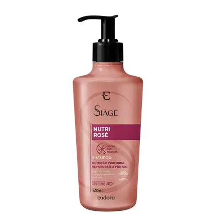 Frasco tipo pump do Shampoo da linha Nutri Rosé, com bomba dosadora preta e rótulo rosa com detalhes em vermelho, contendo informações sobre os benefícios do produto.