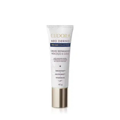 Creme reparador de pescoço e colo da linha Neo Dermo da Eudora, em embalagem branca de 40g tipo bisnaga, com tampa dourada na parte inferior e rótulo com detalhes dourados e azul marinho descrevendo ter Orchistem, Celyscence e vitamina B3.