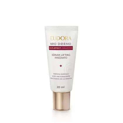 Tubo de 20 ml do sérum lifting imediato da linha Neo Dermo da Eudora, com embalagem branca, tampa dourada na parte inferior. Rótulo em dourado e vermelho, apresentando informações sobre a ação anti-idade e firmeza imediata do produto.
