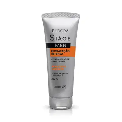 frasco bisnaga do Condicionador masculino Siàge Men da Eudora, com embalagem cinza e laranja, contendo 200 ml, com destaque para a hidratação intensa e resultado imediato, com extrato de bambu e vitamina E.