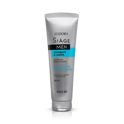 Frasco de shampoo Siàge Men Combate a Caspa, com 250 ml, em embalagem prateada e azul, destacando o texto "Combate a Caspa" e "Shampoo Especialista".