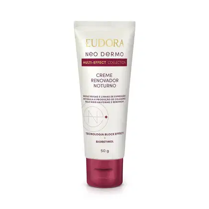 Embalagem tubo do Creme renovador noturno da linha Neo Dermo da Eudora, em de 50g. Tampa dourada na parte inferior, rótulo com design dourado e vermelho no fundo branco, destacando tecnologia Block Effect e bioretinol.
