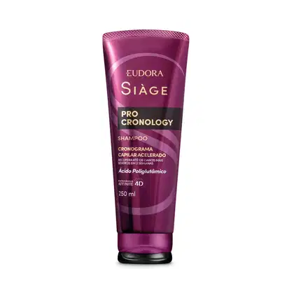Frasco de shampoo Siàge Pro Cronology, com embalagem roxa e detalhes dourados, contendo 250 ml do produto. O rótulo destaca o nome da marca e a tecnologia "Cronograma Capilar Acelerado" com ácido poliglutâmico.