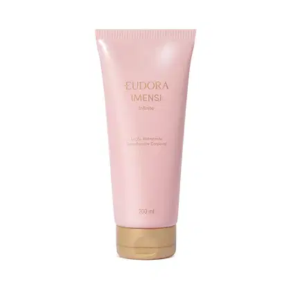Embalagem plástica tubular rosa claro com tampa redonda dourada na base. Rótulo com o nome do produto e a marca Eudora em letras douradas. Volume de 200 ml indicado na embalagem.