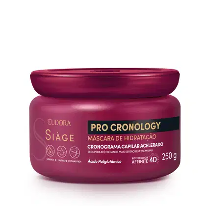 Pote de máscara de hidratação da linha Pro Cronology da Eudora Siàge, com embalagem de cor rosa escura e rótulo destacando o cronograma capilar acelerado e a tecnologia Affinity 4D.