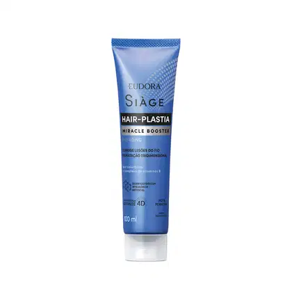 Tubo azul da linha Siàge Hair-Plastia, com rótulo destacando "Miracle Booster" e "Pro-Aging". Produto de 100 ml com tecnologia Affinity 4D e complexo de vitaminas B.