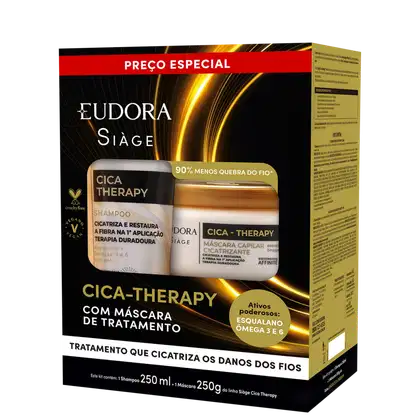 Caixa de produto de tratamento capilar Eudora Siàge Cica-Therapy, contendo shampoo de 250 ml e máscara capilar de 250 g, com destaque para os benefícios de cicatrização e restauração da fibra capilar.