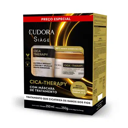 Caixa contendo um conjunto de tratamento capilar Eudora Siàge Cica-Therapy. O conjunto inclui um frasco de shampoo e um pote de máscara capilar, ambos da mesma linha. Destaca os benefícios do tratamento: cicatrização e restauração da fibra capilar.