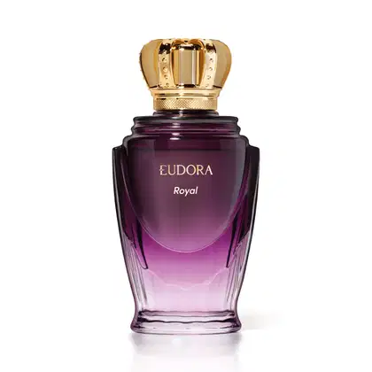 Frasco do Desodorante Colônia Eudora Royal, com formato elegante e tampa dourada em forma de coroa. A embalagem possui uma coloração roxa degradê, com o nome da marca e do produto em destaque.