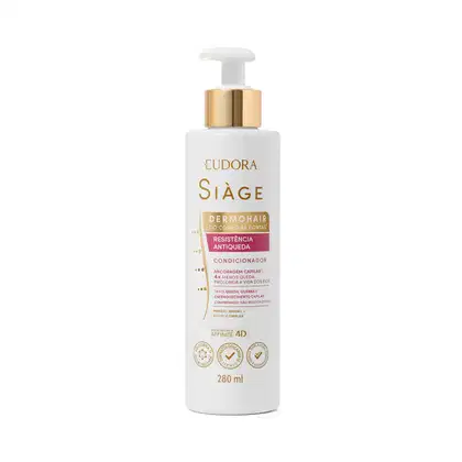Condicionador Eudora Siàge Dermohair. Embalagem plástica branca com detalhes dourados. Contém 280ml. Bomba dosadora branca com acabamento dourado.
