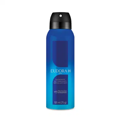 Embalagem cilíndrica azul com tampa preta de 125ml. Rótulo com o nome do produto "Eudora H Flow" em letras brancas, além de informações como "Proteção Antitranspirante 48h".
