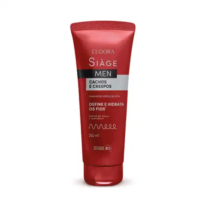 A imagem mostra um frasco vermelho de shampoo da linha Siàge Men da marca Eudora com capacidade de 250ml. O frasco tem os escritos em prateado com destaque para a biotecnologia Affinité 4D utilizada na formulação.