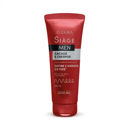 A imagem mostra um frasco vermelho de condicionador da linha Siàge Men da marca Eudora com capacidade de 200ml. O frasco tem os escritos em prateado com destaque para a biotecnologia Affinité 4D utilizada na formulação.