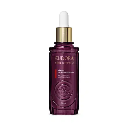 Sérum uniformizador de pele Eudora Neo Dermo em frasco de vidro roxo de 30ml. Texto em tom dourado e branco e aplicador conta-gotas.