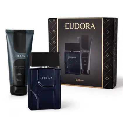 Combo presente pais. Lado a lado os frascos em tons de azul marinho e verde escuro da colônia Eudora H e do desodorante hidratante corporal acompanhados de uma elegante caixa preta com detalhes dourados com a imagem dos produtos na parte frontal.