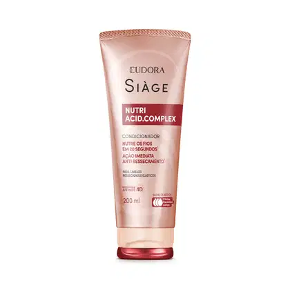 Frasco de condicionador Siàge Nutri Acid Complex, com embalagem tipo bisnaga, tampa na parte inferior. Embalagem rosa e detalhes em vermelho, contendo 200 ml do produto. O rótulo destaca os benefícios do complexo de ácidos como nutir em 20 segundos.