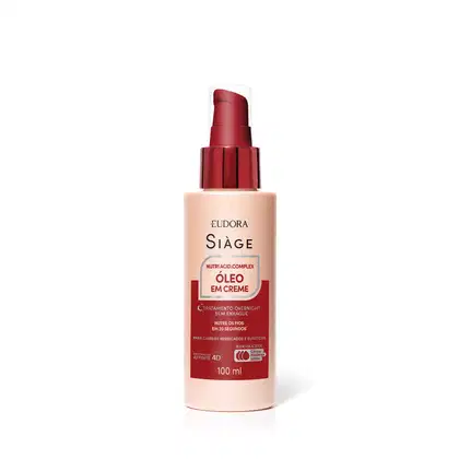 Frasco de creme Siàge Nutri Acid Complex Óleo em Creme, com embalagem tipo pump, vermelha e branca, contendo 100 ml do produto. O rótulo destaca o tratamento overnight sem enxágue para cabelos ressecados e elásticos.