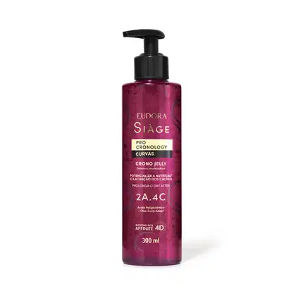 O produto apresentado é o Finalizador Crono Jelly da linha Siàge Pro Cronology Curvas. A embalagem é um frasco plástico de cor rosa escuro com um rótulo. Possui um aplicador tipo bomba para facilitar a aplicação do produto.