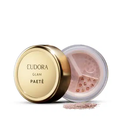 A embalagem é dourada e possui o nome da marca e do produto "Paete" impresso. O pó está contido em um recipiente transparente, permitindo visualizar o conteúdo, que parece ser um pó com partículas brilhantes em tons rosados.