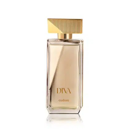 Frasco do Desodorante Colônia Diva da marca Eudora, com design elegante e sofisticado. Embalagem de vidro transparente com tampa dourada e detalhes verticais. 