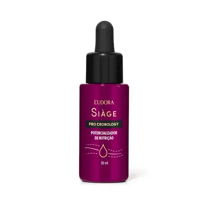 O produto apresentado é um potencializador de nutrição da linha Siàge Pro Cronology. O frasco possui um conta-gotas preto na parte superior. A embalagem possui uma cor predominante de roxo escuro, com o nome da linha impressos no rótulo.
