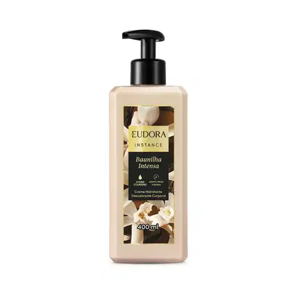 Frasco de creme hidratante desodorante corporal da marca Eudora Instance, com rótulo com nome "Baunilha Intensa" e informações sobre o produto.