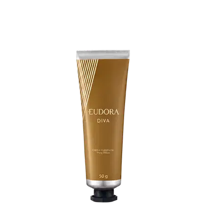 Tubo de creme hidratante para mãos da linha Diva da Eudora, com embalagem dourada e branca, apresentando o nome da marca e do produto em destaque.