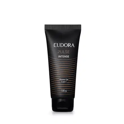 Frasco de gel de banho da marca Eudora, da linha Pulse Intense, com embalagem preta e detalhes em dourado. O produto é apresentado em tubo de 100g, com informações sobre sua composição e características impressas no rótulo.
