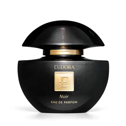Frasco de Eudora Noir Eau de Parfum, com embalagem preta brilhante e detalhes dourados, incluindo o logotipo da marca e a indicação "Eau de Parfum" na parte frontal.