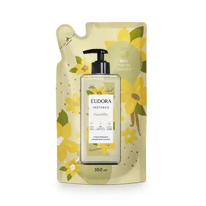 A imagem mostra embalagem refil do creme hidratante corporal da marca Eudora, linha Instance, fragrância Baunilha. Frasco de plástico com o produto, com ilustrações de flores e favas de baunilha. Capacidade de 350ml.