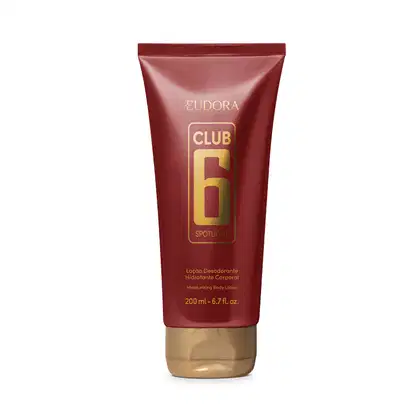 Frasco de loção corporal hidratante da linha Club 6 da marca Eudora, com embalagem vermelha do tipo bisnaga com tampa na parte inferior. Detalhes dourados, contendo 200 ml do produto.