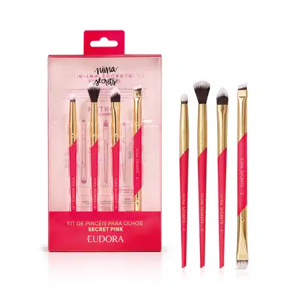 Kit de pincéis para olhos da linha Secret Pink da Eudora, contendo 6 pincéis de diferentes formatos em tons de rosa e dourado, acondicionados em uma embalagem vermelha com detalhes em rosa.