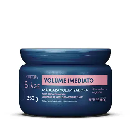 Máscara volumizadora Siàge Volume Imediato em embalagem plástica azul escura com rótulo rosa, contendo 250g do produto. Destaca-se a tecnologia Affinity 4D e a ação anti-afrouxamento para cabelos finos ou com afinamento.