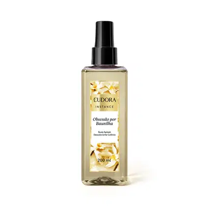 Frasco de 200 ml do desodorante colônia Obsessão por Baunilha da marca Eudora, com rótulo amarelo e preto destacando a linha Instance.