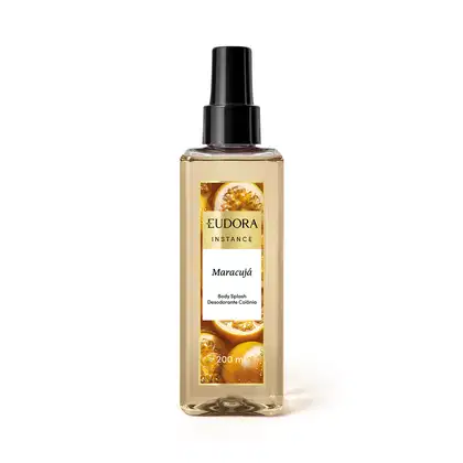 Frasco de corpo Eudora Instance com rótulo amarelo e preto, contendo 200 ml de desodorante colônia com aroma de maracujá. Embalagem com tampa preta e design moderno.