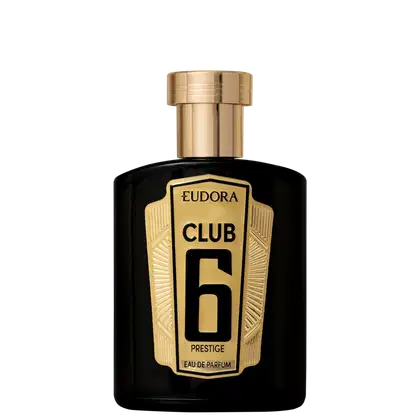 Frasco de perfume Eudora Club 6 Prestige, com embalagem preta e dourada, destacando o número 6 e a palavra "Prestige" em letras douradas.