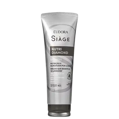 Frasco de shampoo Siàge Nutri Diamond, com embalagem branca e cinza, contendo 250 ml do produto. Destaca-se o texto "Nutri Diamond" e informações sobre nutrição, brilho e resistência a lavagens.