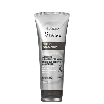 Frasco de condicionador Siàge Nutri Diamond, com embalagem de plástico transparente e rótulo em preto e branco. Destaca a nutrição e blindagem por 4 dias, além de brilho que resiste a 10 lavagens, para cabelos secos e com frizz.