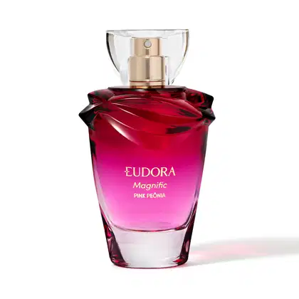 Frasco do desodorante colônia Eudora Magnific Pink Peônia, com design em formato de flor e coloração rosa vibrante, com rótulo destacado em dourado.