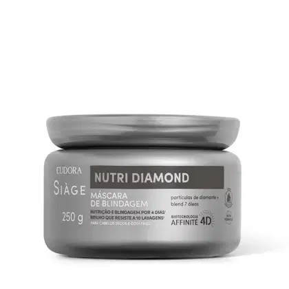 Recipiente de plástico cinza com rótulo preto e branco. Texto "Nutri Diamond - Máscara de Blindagem" e informações sobre os ingredientes e benefícios do produto. Embalagem com formato arredondado e tampa.