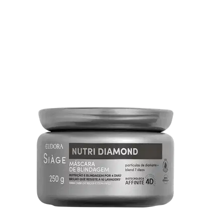 Pote de máscara de tratamento capilar Nutri Diamond da marca Siàge, com 250g de produto. Embalagem preta e cinza, com destaque para o nome do produto e informações sobre sua composição e benefícios.