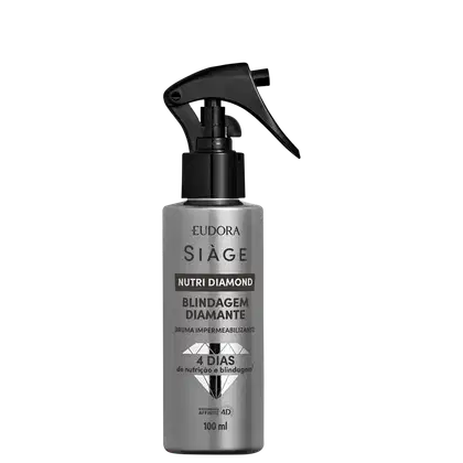 Frasco preto e cinza da linha Siàge Nutri Diamond, contendo bruma impermeabilizante com 100 ml. Rótulo com nome do produto "Blindagem Diamante" e informações sobre nutrição e blindagem por 4 dias.