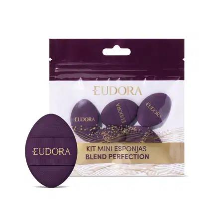 Kit de mini esponjas Blend Perfection da marca Eudora, em embalagem roxa e transparente com detalhes dourados, contendo cinco esponjas ovais com o logo da marca.