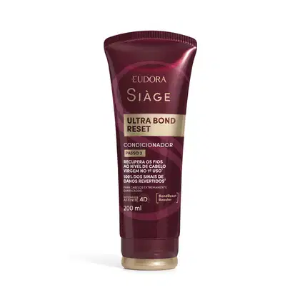 Frasco de condicionador da linha Siàge Ultra Bond Reset, com embalagem vinho e dourada, contendo 200 ml do produto.
