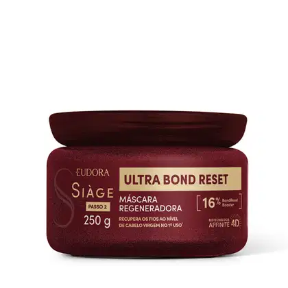 Pote de máscara regeneradora da linha Siàge Ultra Bond Reset, com embalagem vermelha escura e rótulo dourado, contendo 250 g do produto.