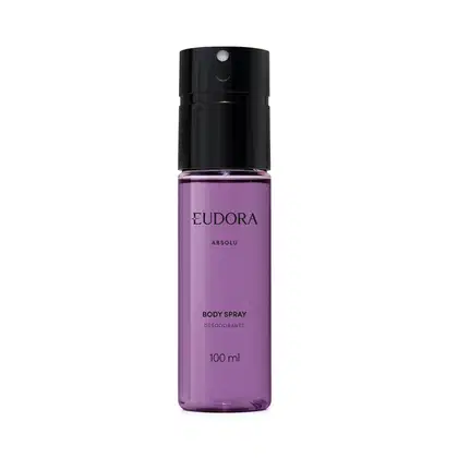 Frasco transparente, com conteúdo roxo claro, de item de perfumaria da marca Eudora. Na embalagem está escrito o nome "Absolu" e indicação de "Body Spray Desodorante" em texto preto. Em formato cilíndrico com tampa preta.
