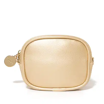 Bolsa dourada retangular com zíper e pingente dourado. É uma bolsa pequena, como uma clutch. Logotipo da marca visível no pingente.